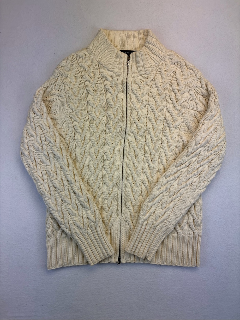 Lands' End Womens Cable Knit Full Zip Mock Neck Sweater Cream Cotton L/P 14-16